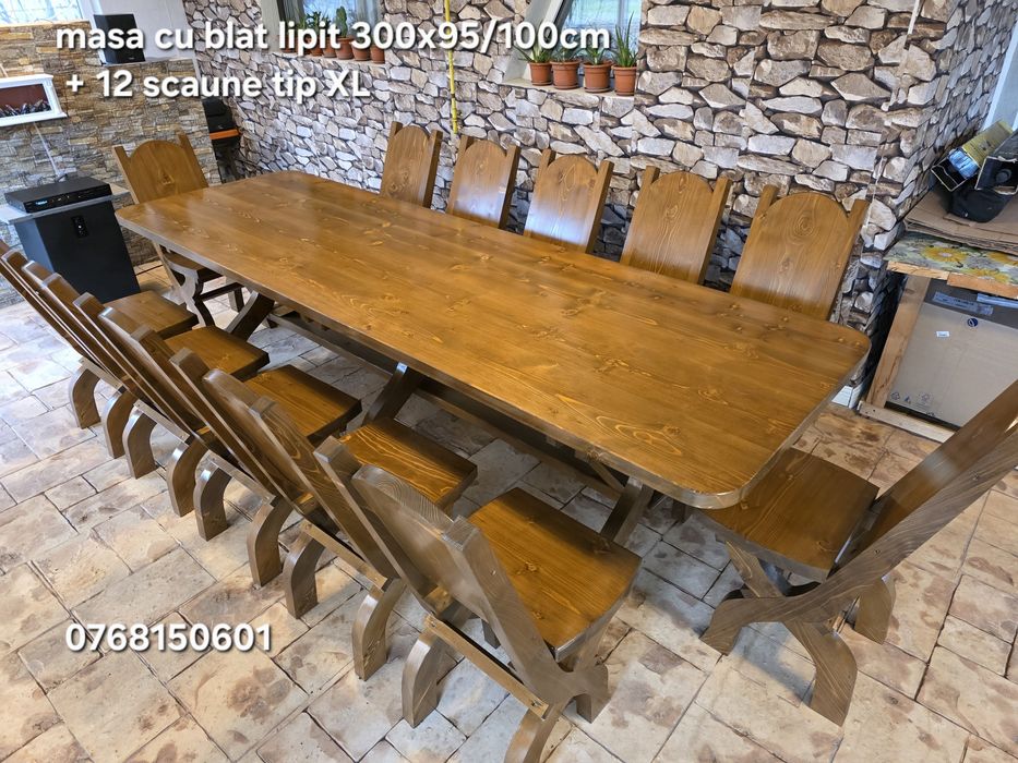 Set  Masa cu 12  scaune. Masa cu scaune rustice.  Masa 3m  cu 12 scaun