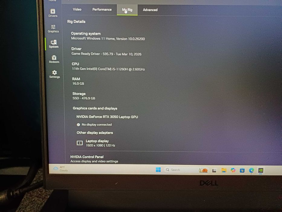 DELL G15 15'' FHD 120hz i5 11gen RTX3050 16GB RAM