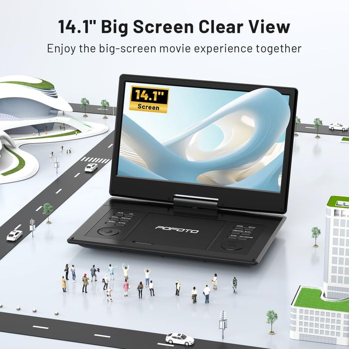 POFOTO 15.7" преносим DVD плейър/14.1" HD въртящ се екран/4000mAh батерия/2 колони/USB/SD/TV/множество видео формати(не поддържа Blu-Ray) черен