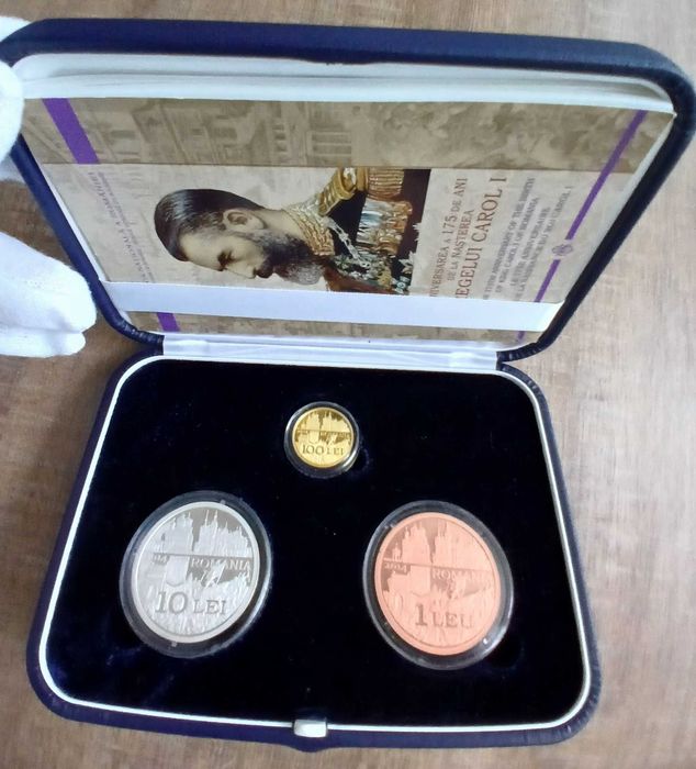 Set BNR 175 ani de la nasterea regelui Carol I , aur, argint, tombac, DOAR 250 exemplare, RAR