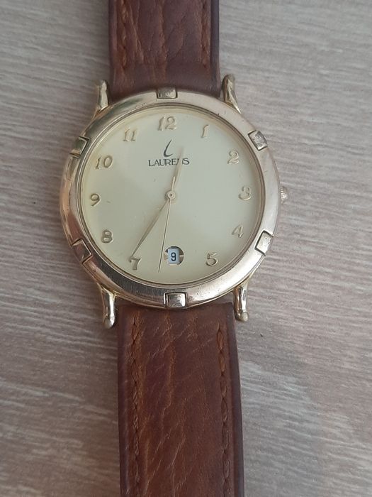 Ceas Laurens clasic elegant, auriu, dată, curea piele maro  vintage