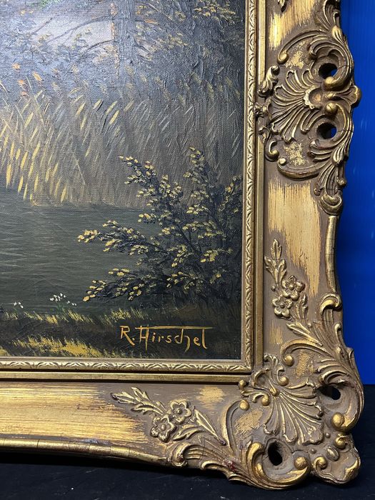 Оригинал на Рудолф Хиршел-Есенен,речен пейзаж с излитащи патици