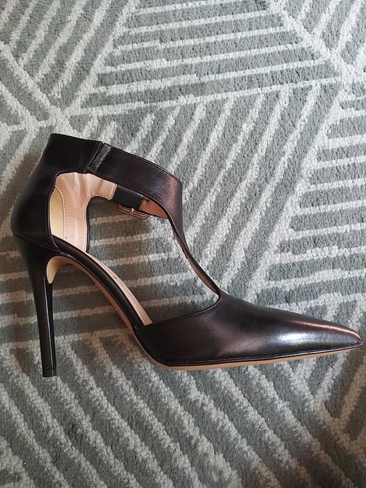 Pantofi piele negri, 39, toc stiletto, cu bareta