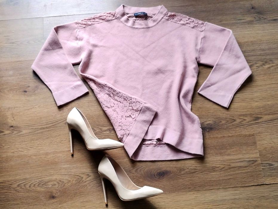 Красив пуловер с дантела цвят пудра на ZARA Зара, р-р S-М, перфектен