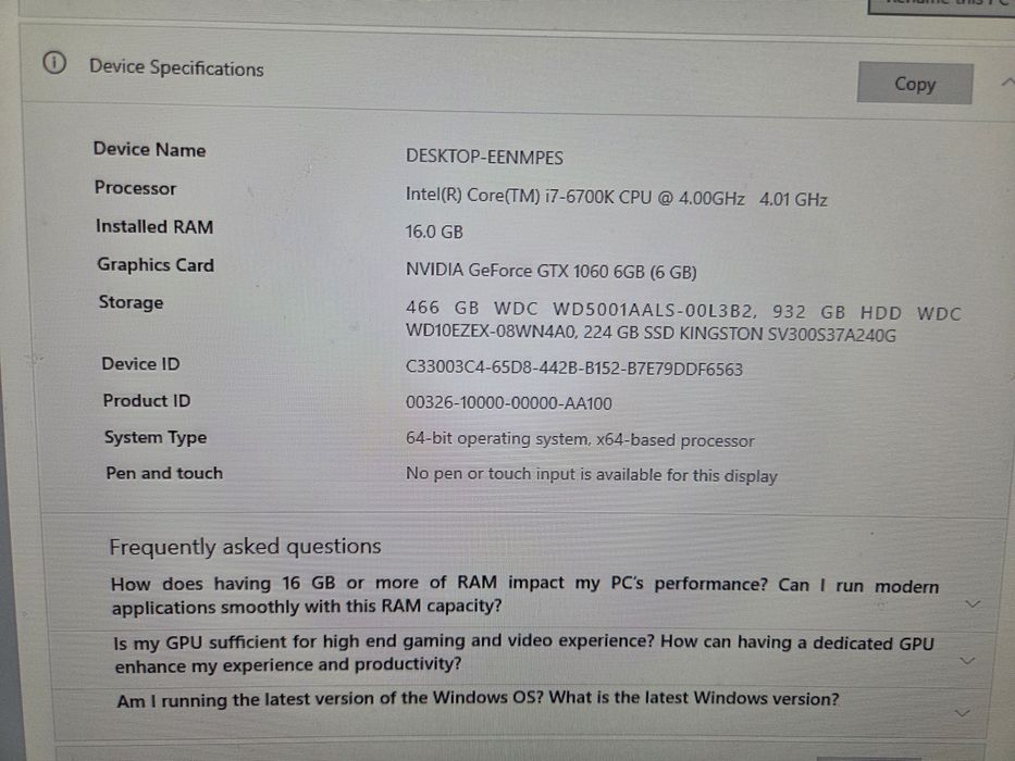 Pc  i7 6700k 1060 GTX 6GB 16GB RAM 3400