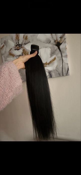 Естествена коса 100% , черна екстеншъни, удължения с щипки 200гр 60см