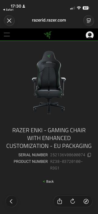 Геймърски стол Razer Enki - зелен шев