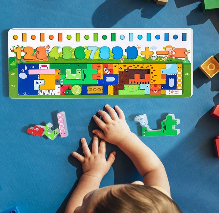 Многофункционална дървена игра с магнитен риболов и тетрис с животни