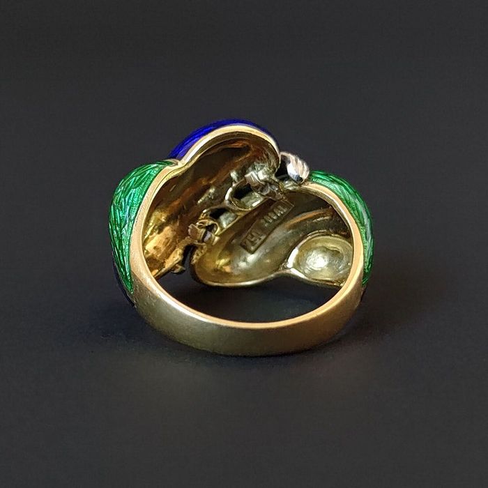 Inel designer Italia 1960, aur 18k cu email si diamante, certif.