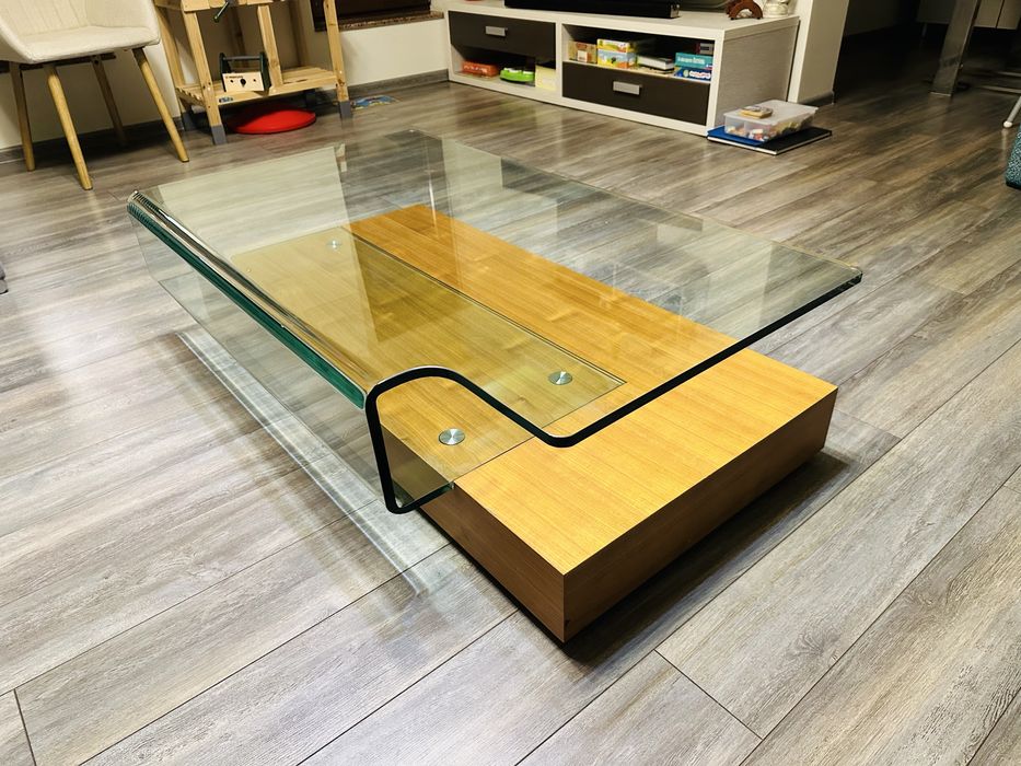 Masă de cafea living LEMs – lemn masiv & sticlă design futurist