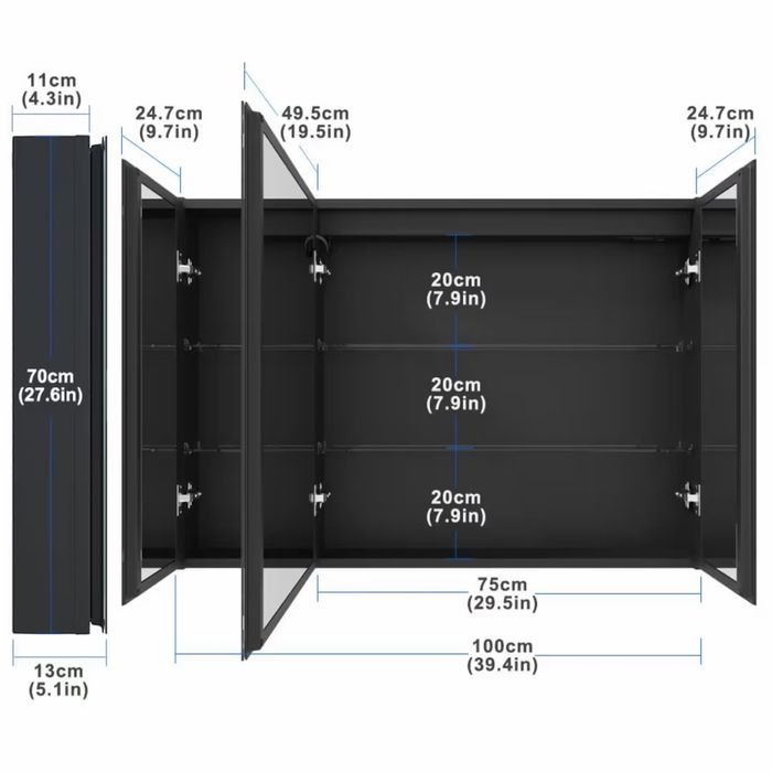 Dulap baie premium cu oglindă LED touch, priză + USB – design modern bej/negru, 3 uși