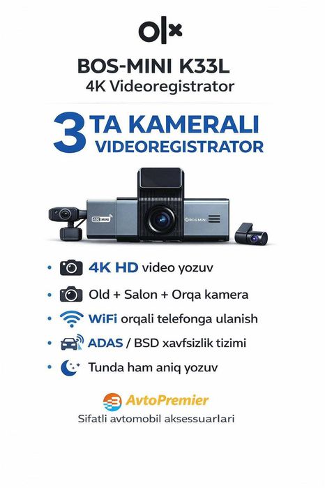 Registrator K33L 4K 3 Kamerali Video WiFi, ADAS, Tunda ham aniq yozuv
