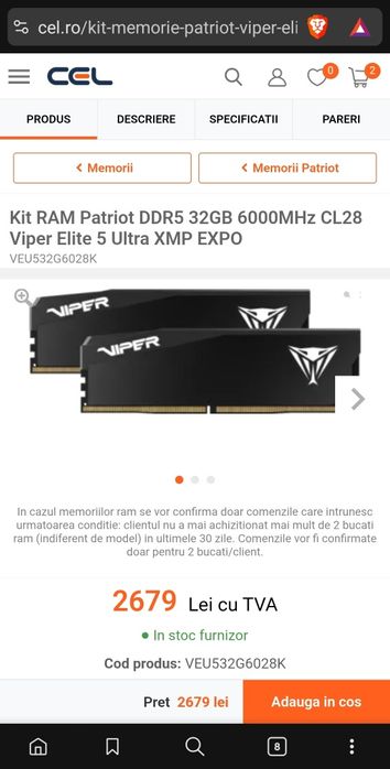 Kit RAM Patriot DDR5 32GB 6000MHz CL28 Viper Elite 5 Ultra XMP EXPO GARANTIE