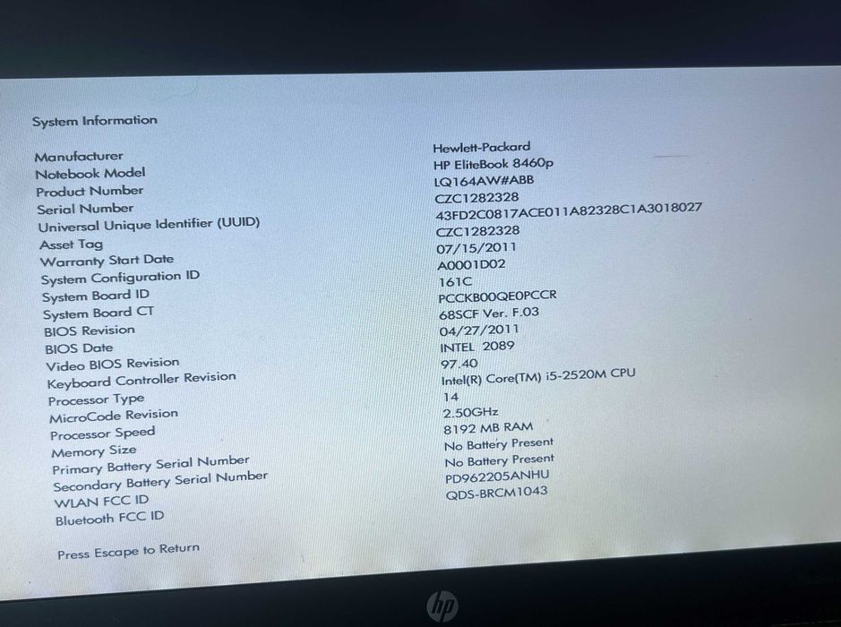 Laptop HP EliteBook 8460p i5-2520M – fără HDD, RAM, baterie