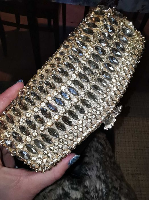 Geanta de mana, clutch cu cristale, auriu