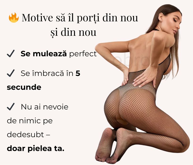 Costum Catsuit Erotic - Plasa cu Ochiuri si Decupaje Sexy, Negru, Marime Universala