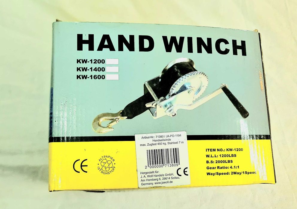 Ръчна лебедка с манивела и блокаж, товароподемност 450кг, въже-7м