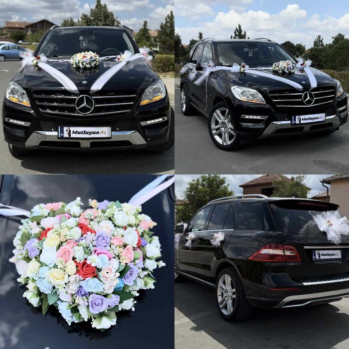 Сватбена украса за кола - сърце от цветя, номер, парчета тюл и цветя