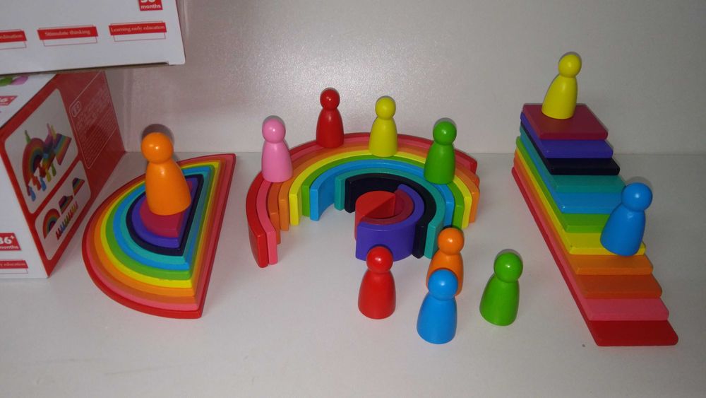 ТОП 4в1! Дървен сет по модел Grimms с полукръгове, табли, дъга, пионки