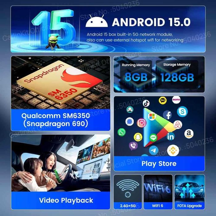 Tbox-Ultra 4 CarlinKit Android 15 TV Box 5G/4G LTE SM6350 Безжичен Android Auto & CarPlay AI Box за Netflix IPTV GPS 8GB + 128GB