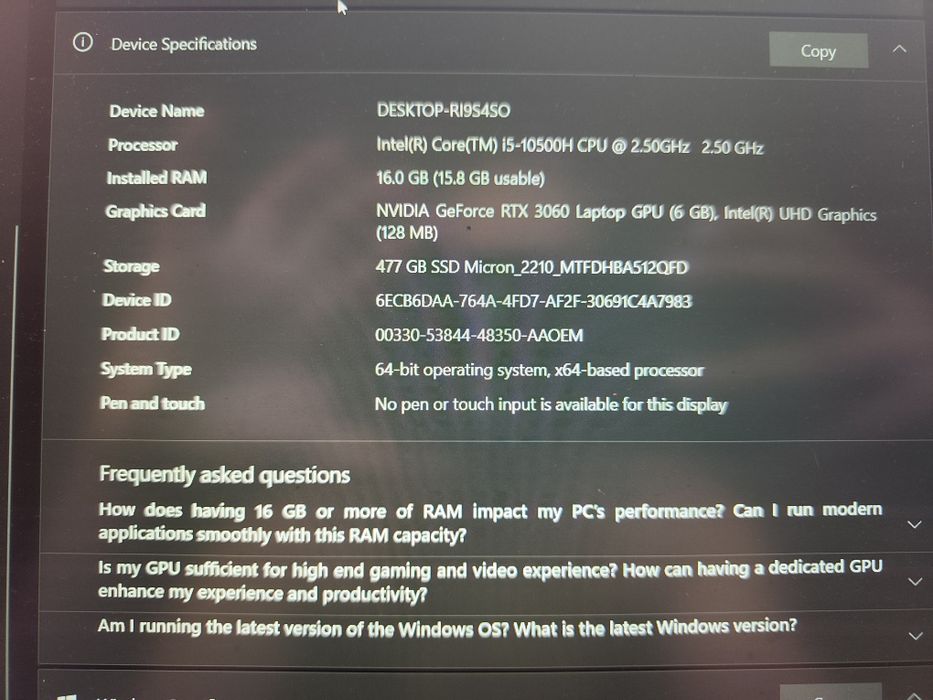 Геймърски лаптоп msi gf65 rtx3060 6gb i5 10500h
