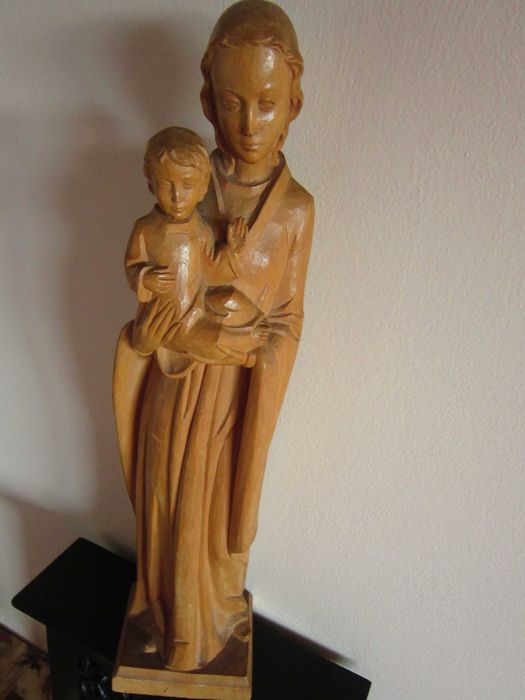 cadou rar Madonna Fecioara Maria cu pruncul sculptura lemn 1960