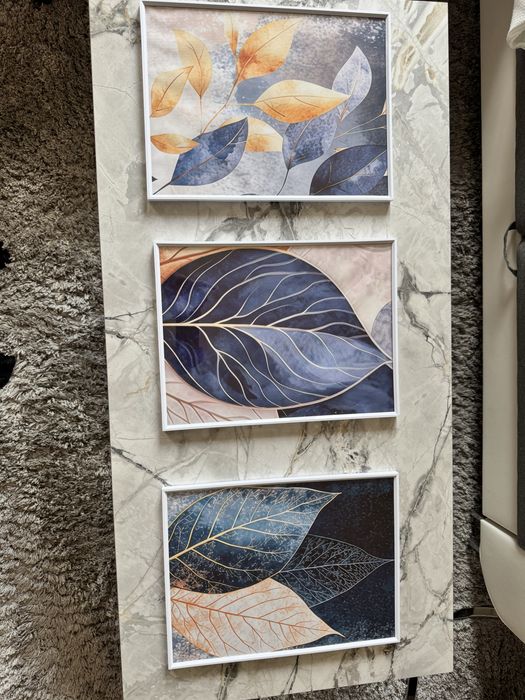 Картини с рамка 3 броя есенни листа синьо златно картина всекидневна