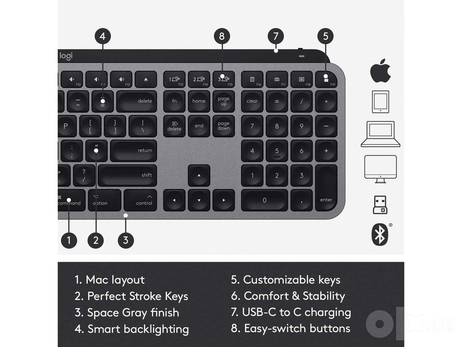 Logitech MX Keys for Mac - подсветка, Bluetooth, Space Grey