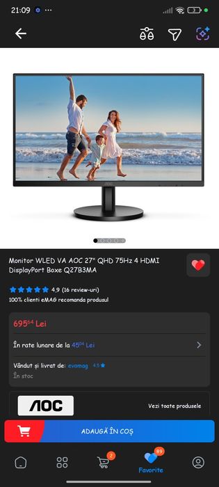 Monitor AOC defect, pentru piese. 27", qhd, 75hz.
