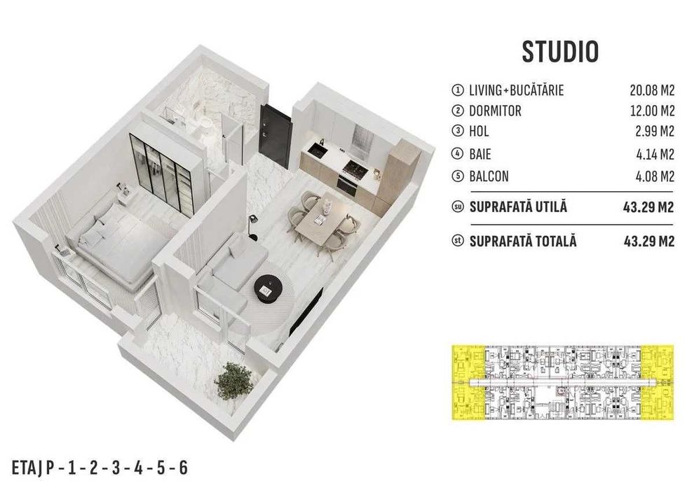 Studio modern de vânzare – 43 mp | Bloc nou | Zona de Vest a Bucureștiului | Finalizare August 2026