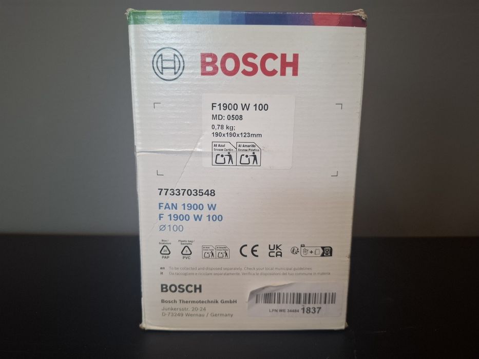 Ventilator Baie Bosch Fan 1900 W, Silențios, Ø100mm, Nou