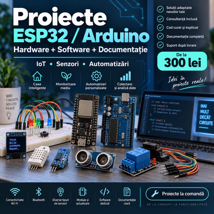 Realizez proiecte electronice cu ESP32 / Arduino, prototip, software și documentație