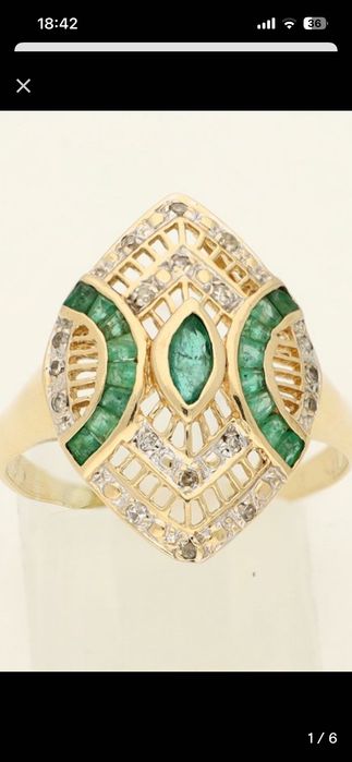 Inel aur galben 14 ct cu smaralde si diamante