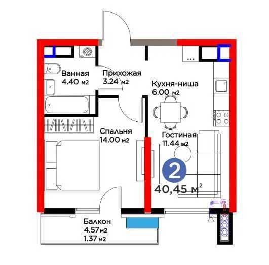 ЖК BI SAN`AT 2-к квартира 40.45 м2. г. Ташкент, ул. Фергана йули