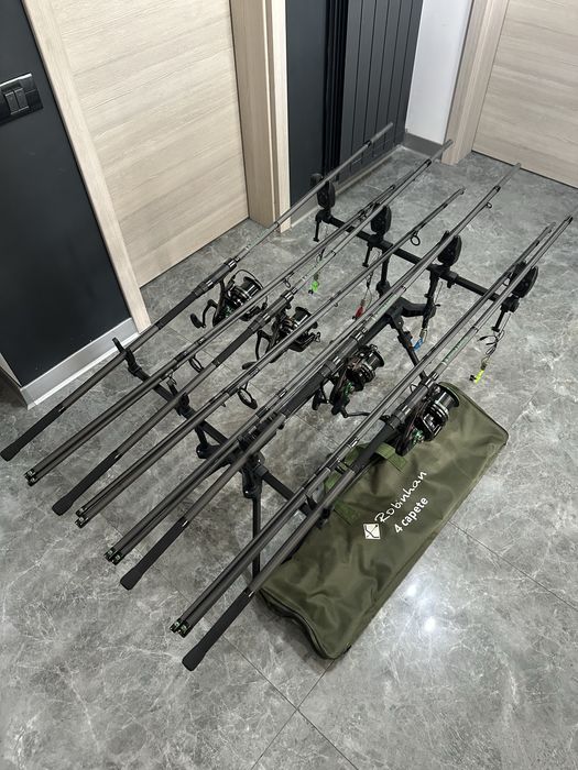 Set pescuit crap complet – 4 lansete Robinhan 3.90 + Reelsking TM10000 + Rod Pod 4 posturi echipat