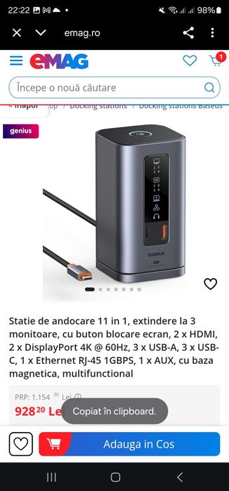 Statie de andocare 11 in 1, extindere la 3 monitoare, cu buton blocare