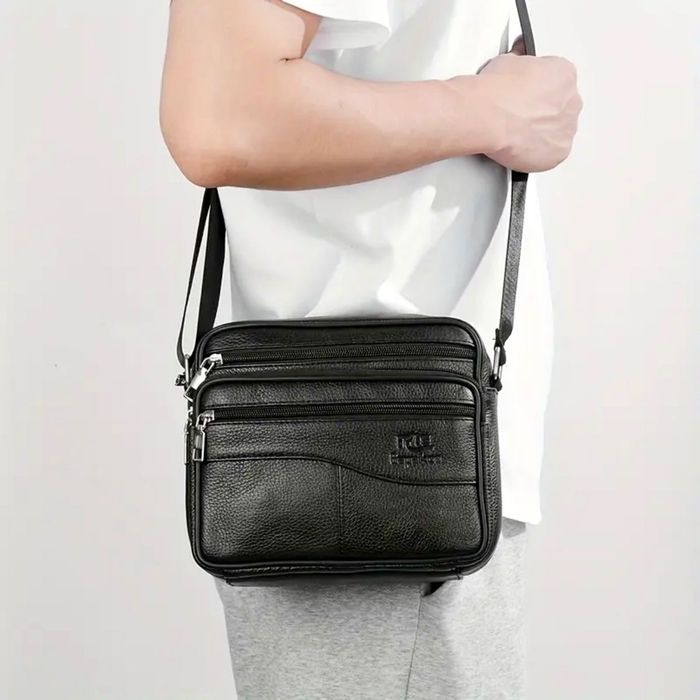 Мъжка квадратна кожена чанта за през рамо/Обемна от черна естест. кожа