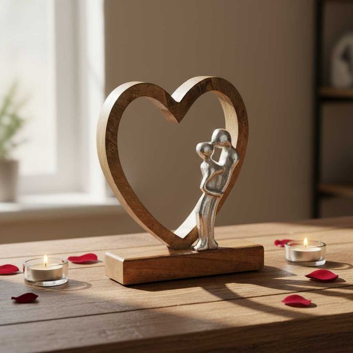 Decoratiune de masa din lemn inima cu figurina cuplu imbratisat 18x22