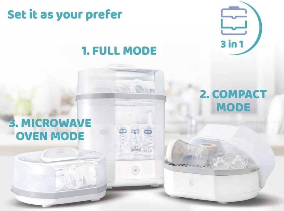 Sterilizator electric cu aburi Chicco 3 in 1 Steril Natural, 0luni+