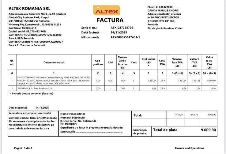 Nou, 0 ore. PC Gaming Asus ROG Ryzen 5 8400F RTX5070 16GB 1TB