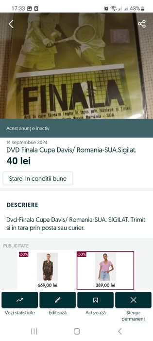 DVD Cupa Davis-Finala/ România-SUA. Sigilat