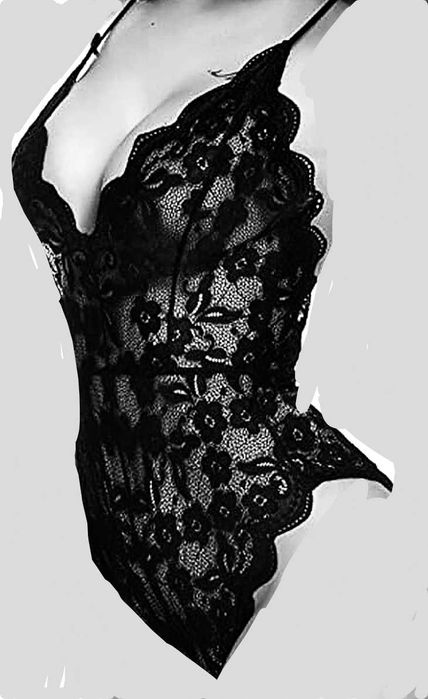 Пеньюар боди чёрный гипюр и белый сетка