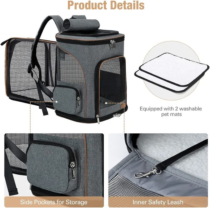 Разширяема транспортна раница за домашни любимци Lekesky (Сива)