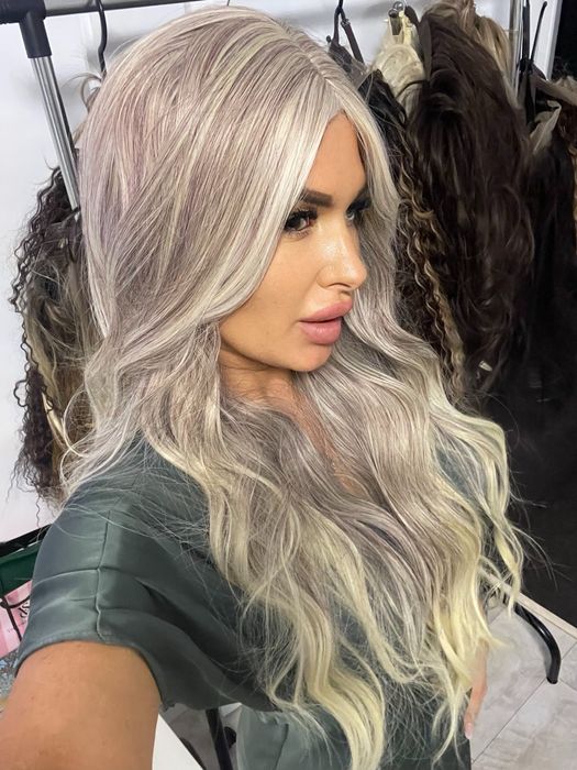 Peruca semi naturala blond gri deschis balayage lunga