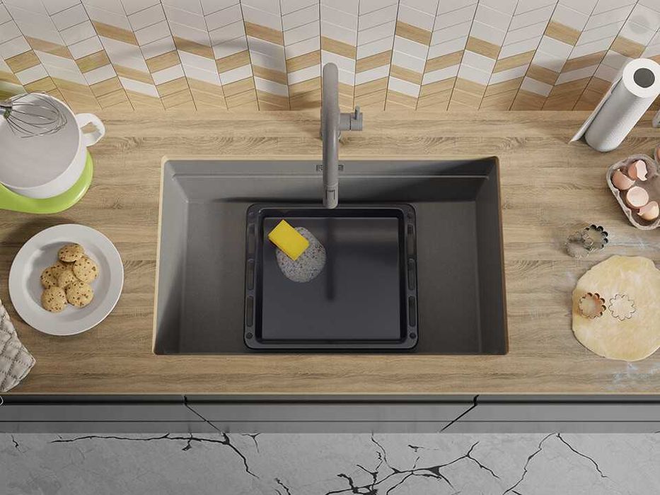 Сива кухненска мивка за вграждане под плот Прага 80 Level 760 x 470 мм
