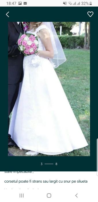 Rochie alba de mireasa, calitate superioara, saten, crinolina, voal