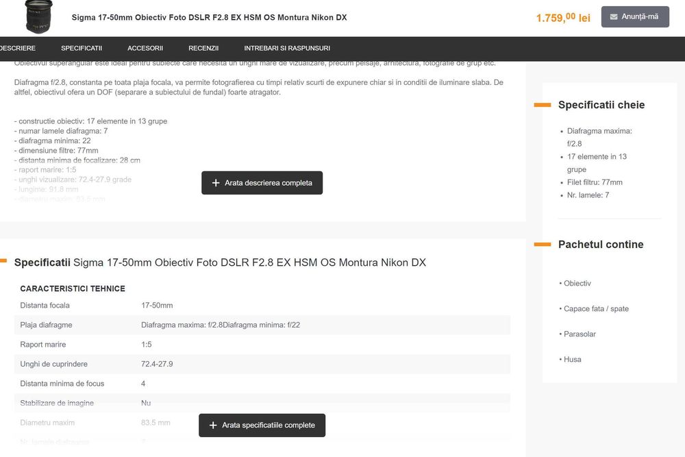 Obiectiv SIGMA 17-50mm f2.8 pt. Nikon EX DC HSM OS - Stabilizare