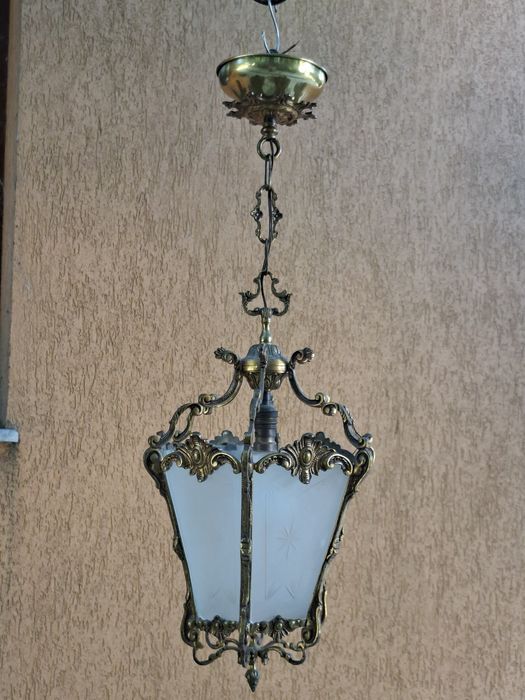 Candelabru bronz, sticla gravata