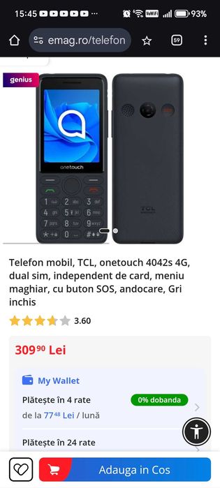 Telefon mobil varstnici TCLonetouch 4042s 4G, cu buton SOS, Gri inchis
