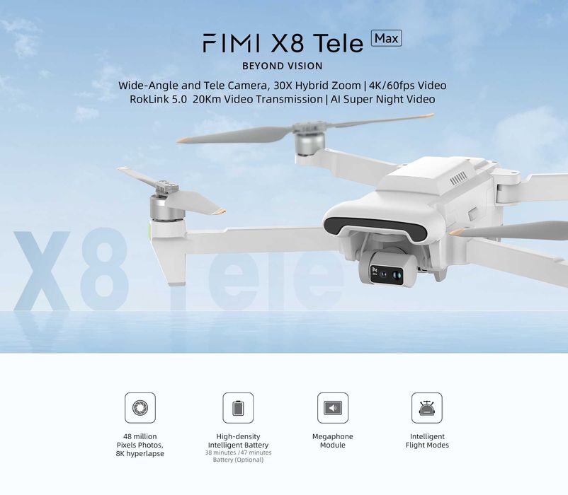 Промоция Fimi X8 Tele Max, 20 км, 47 мин,30 zoom, 48Mp, двойна камера